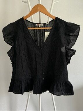 Levi's Black Dot Textured Ruffle Sleeve Button-Up Top
